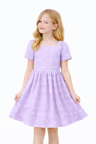 Image of HILEELANG Girls Summer Dress Bow Tie Back A-Line Party Dress for Little Big Girls Short Sleeve Dress with Lining 6-12 Years