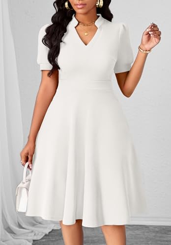 Womens Casual Summer Dresses Short Puff Sleeve V Neck A Line Wedding Guest Midi Dresses with Pockets4