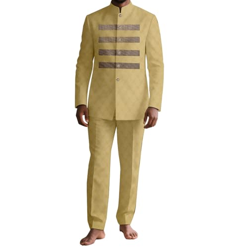 Image of Ourmoon Dashiki Suit Set for Men African Shirt and Pant Outfit Ethnic Tribal Suit Traditional Clothing for Wedding Evening(Yellow,Medium)