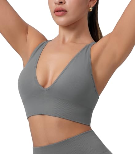 Image of Deep V-Neck Adjustable Women's Sports Bra | Wireless Longline Strappy Criss Cross Padded Spaghetti Straps Light Impact Workout Yoga Crop Top