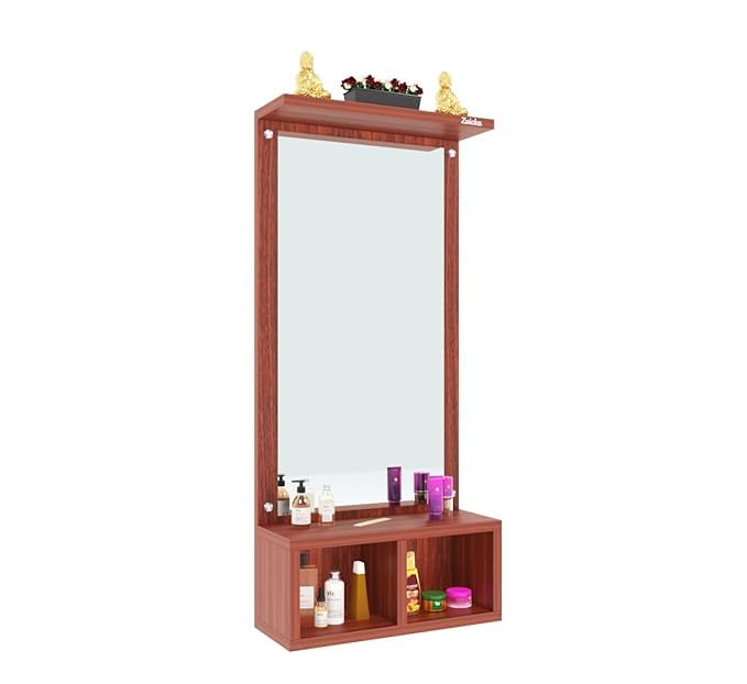 Image of Wall Mounted Dressing Table with Mirror Finish Storage Shelf Compact Wall Vanity Makeup Organizer for Bedroom Bathroom Entryway Space Saving Home Furniture Decor (Light Brown)