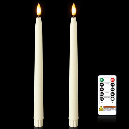 Image of Homemory 11 inches Waxy Flameless Taper Candles with Remote Timer Dimmer, 2 Pcs Battery Operated Taper Candles with Flickering Flame, Ivory LED Candlesticks for Wedding, Christmas Indoor Decoration