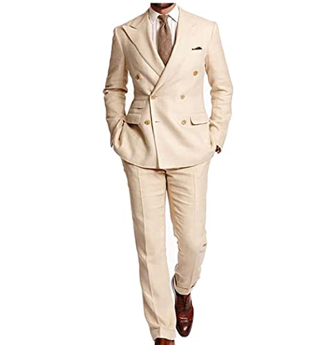 Mens Beige Linen Solid Double Breasted Slim Fit Suit Set Grooms Wedding Suits Tux Blazer Jacket Pants Separates