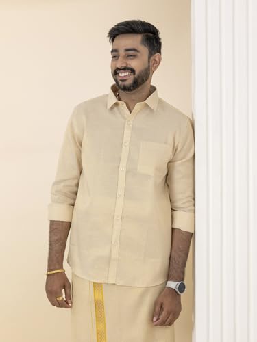 Image of RAMRAJ COTTON Men Gold Tissue Jacquard Full Sleeves Shirt with Matching Dhoti Set