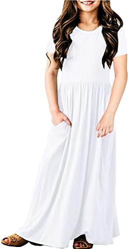 Girl's Long Maxi Dress White Short Sleeve Floor Length Party Loose Summer Dresses 11-12 Years