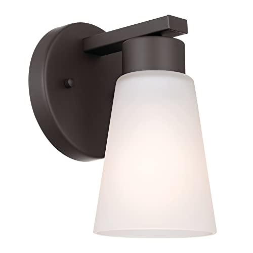 Image of Kichler Stamos Wall Sconce 1-Light with Satin Etched Glass, Modern Bathroom or Hallway Light in Olde Bronze, (8 inch H x 5 inch W x 6 inch D)