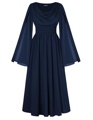 Scarlet Darkness Women Renaissance Dress Split Bell Sleeve Cowl Neck Peasant Medieval Dress