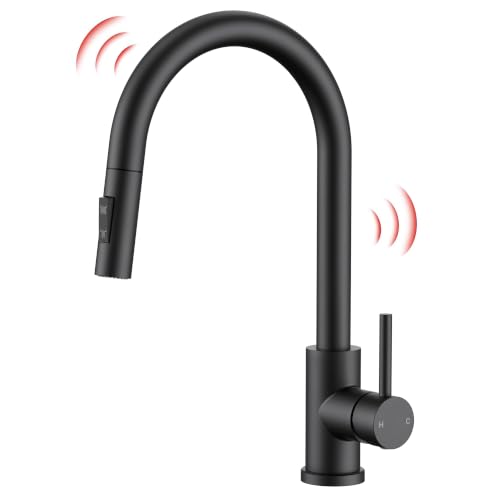 FORIOUS Black Touch Kitchen Faucet with Pull Down Sprayer, Single Hole Kitchen Sink Faucet with Deck Plate, Touch Activated, Single Handle High Arc Stainless Steel, Fit for RV Bar Farmhouse Laundry