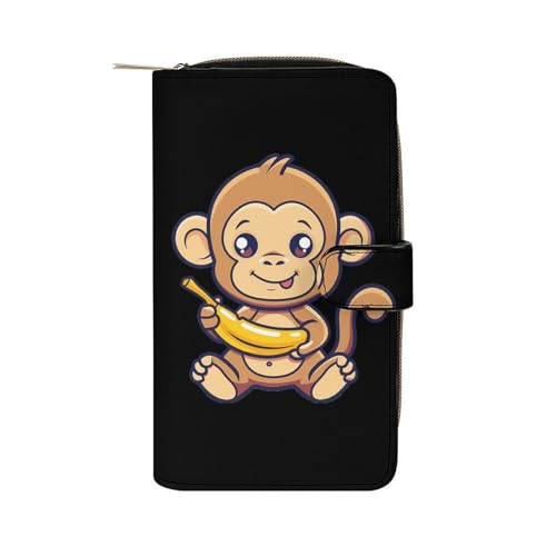 Cute Monkey Holding A Banana Leather Wallets for Men Women Zipped Clutch Purse Travel Handbag Card Case Wallet