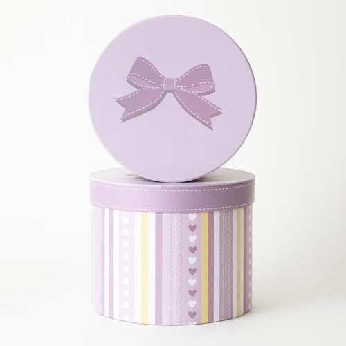 Image of Oasis Pack of 2 Flower Hamper Boxes With Lid | Classic Bouquet Box for Flower Arrangements & Gift Hampers | Decorative Gift Packaging Box With Waterproof Liner - Lavender Heart Stripe