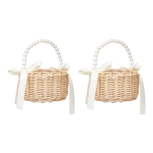 2 Stück Wicker Blumenmädchen Korb für Hochzeiten Rattan Blumen Korb Handmade körbchen mit henkel weidenkorb Blumenkorb für Hochzeit Party