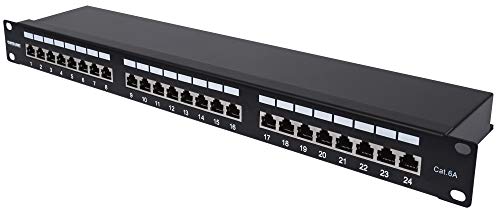 Intellinet 24-Port Cat6a Shielded Patch Panel - 1U 19in Steel Plastic Body, 10G Capable, Cat5e Cat6 Compatible, Punch-Down with Krone Tool, Cable Management, Gold Plated Contacts - 720861