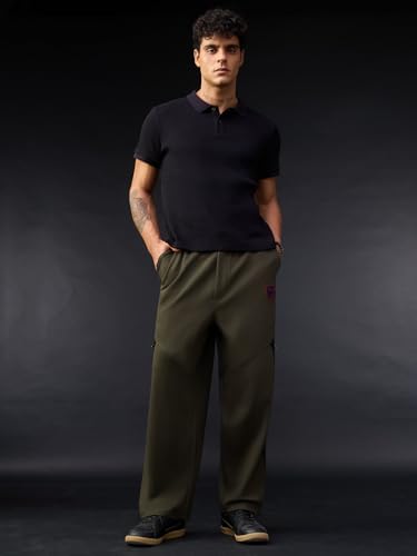 Image of The Souled Store Top Gun: Sky Ace Men and Boys Drawstring Waist Olive Green Solid Cotton Blend Relaxed Fit Zippered Utility Pocket All-Season Lightweight Joggers