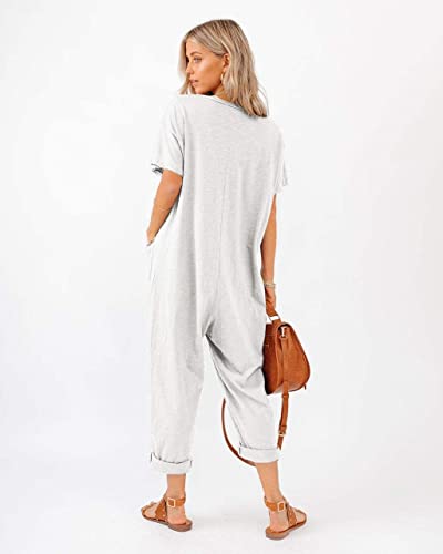 Aoysky Oversize Women's One Piece Button Up Jumpsuit Casual Loose Short Sleeve V Neck Onesies Rompers With Pockets #TOP2
