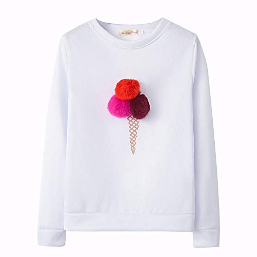 Lovely Ice Cream Printed Women Casual Sweatshirt Pom Pom Ball O Neck Pullover Blouse Tops Outwear uBabamama(White,S)