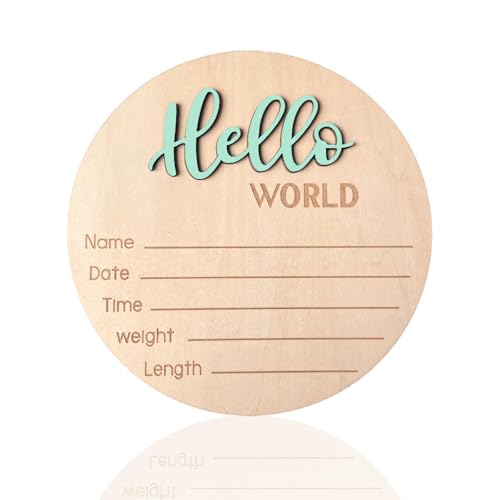 Image of Baby Announcement Sign, 5.9 Inch Wooden Hello World Newborn Signs, Birth Announcement Sign, Baby Shower Hospital Nursery for Newborn Boys and Girls (Spark Green)