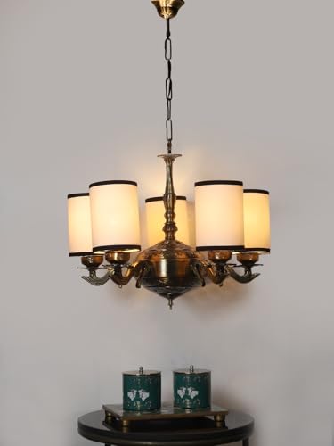 Image of Devansh 05 Lights White & Black Round Cotton Shade with Antique Golden Chandelier