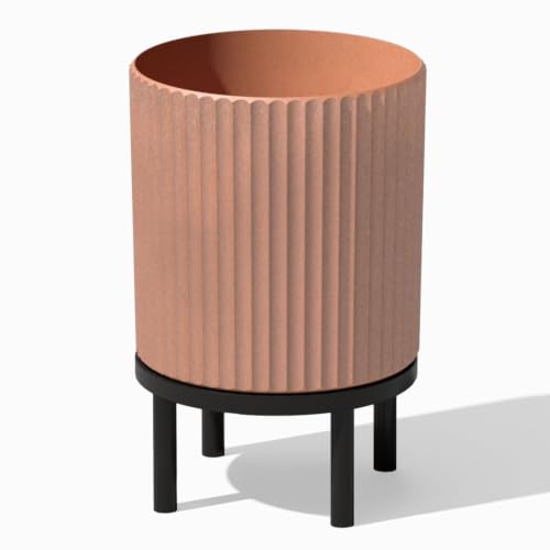 Image of Veradek Demi Series Raised Planter - Round Planter with Stand | Made From a Durable Plastic-Stone Composite & Comes With Wooden Stand. Modern Porch /Patio Decor
