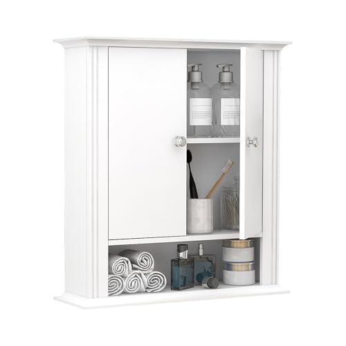 White Bathroom Wall Cabinet, Over the Toilet Storage Cabinet, Bathroom Cabinet Wall Mount, 2 Doors & Hooks, Medicine Cabinet Organizer, Hanging Wall Cabinet Cupboard for Kitchen Laundry Room White
