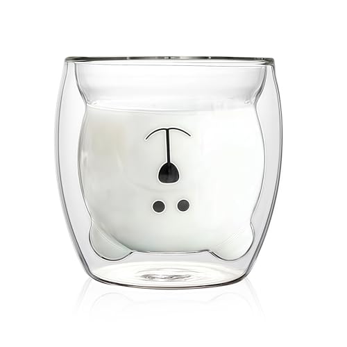 Prismoria Vasos y tazas de café de doble pared de 250 ml, taza con aislamiento para latte, tazas para capuchino latte macchiato, resistentes al calor, vasos de doble pared (oso blanco)