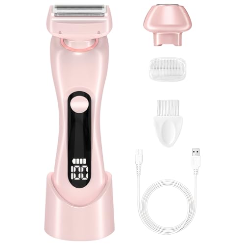 Tressify Removedor de vello eléctrico para mujer, afeitadora corporal 2 en 1 en rosa, resistente al agua con pantalla LED de batería, incluye múltiples accesorios, recargable por USB