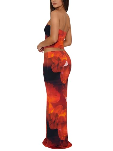 Fhykiss Two Piece Skirt Set Summer Floral StraplessTube Tops for Women Bodycon Maxi Skirts Y2k Vacation Beach Going Out Red XS