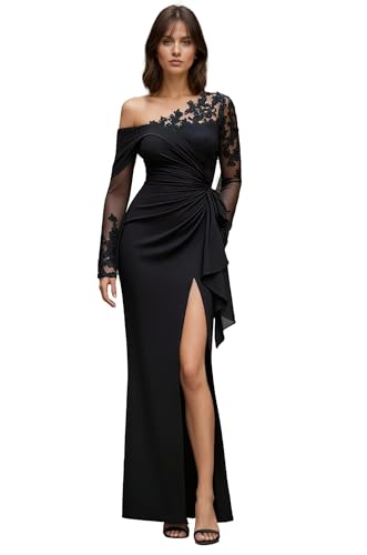 Lace Appliques Mother of The Bride Dresess for Women One Shoulder Ruched Long Sleeves Elegant Evening Gown Cg0055