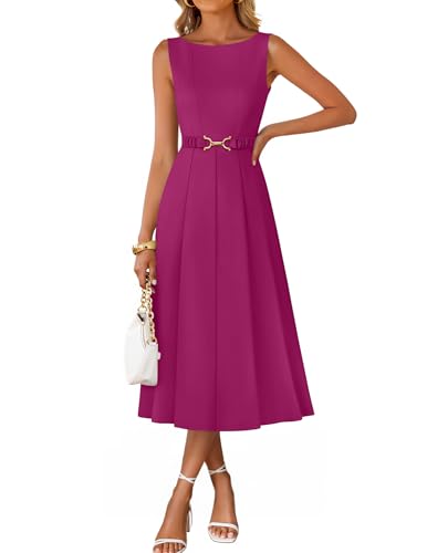 Image of ZESICA Women Summer Sleeveless Midi Dresses 2026 Elegant Boat Neck A Line Tie Waist Spring Cocktail Party Dress
