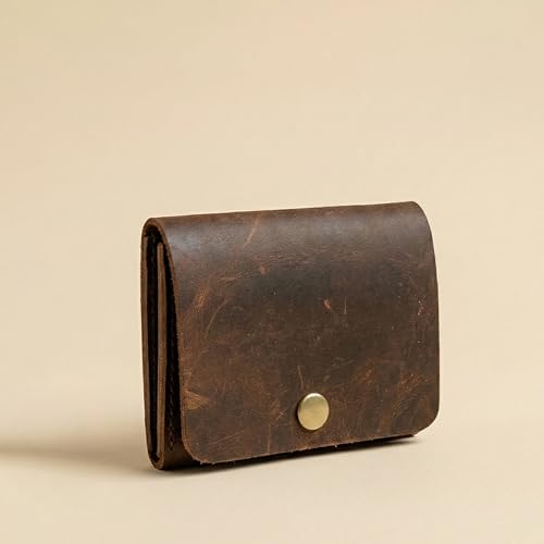 Image of STRUTT Crushed Finish Genuine Leather Batua Wallet for Men & Women | Handcrafted Brown Leather Cash & Card Holder | Snap Button Closure | Compact Traditional Money Pouch