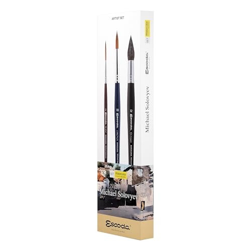 Image of Escoda | Watercolour | Artist Set Michael Solovyev | Size 2,10,12 | 3 Brushes | Natural Synthetic | Tame + Toray-RMix (90% Gold Toray - 10% Red Sable) + Tendo | Rigger + Round Pointed + Round Mop