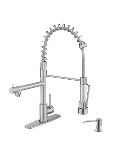 Image of AIMADI Kitchen Faucet with Soap Dispenser and Deck Plates, Brushed Nickel | Spring Single Handle Kitchen Sink Faucet with Pull Down Sprayer for Farmhouse Laundry Camper RV Bar,1 or 3 Hole