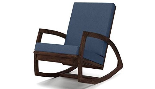 Image of Jangid Handicraft Sheesham Wood Rocking Chair for Living Room | Solid Rosewood Relaxing Rocker with Armrest & Navy Blue Cushions | Contemporary Wooden Swing Chair for Home | Brown