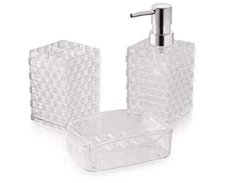 Acrylic Cuboid Shaped Bathroom set-3pc. Liquid Soap Dispenser, Brush & Toothpaste Holder, Soap Dish Holder Set. Ideal for Room, Bathroom, Luxury Hotel Bathroom. (Clear White)