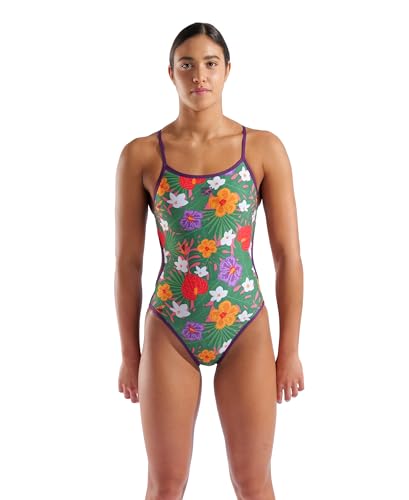 ARENA Performance Women's Allover Reversible Swimsuit Challenge Back Thin Straps One Piece Fitness Training Suit Ladies Pool Bathing Suit Sports Swimwear, Plum/Multi Green, US Size 28