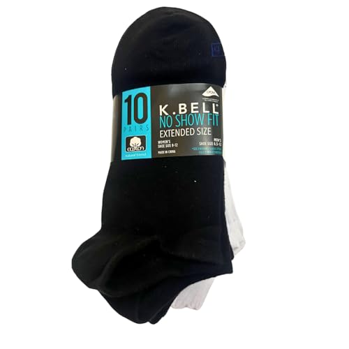 KBell Ladies' No Show Sock, 10-pair, Black/White, Size- 8-12