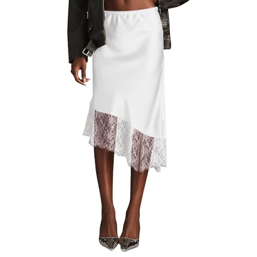ABINGOO Women Satin Asymmetrical Midi Skirt Elastic High Waist Elegant