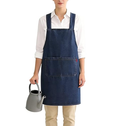 Image of ZUIMEIHQH Denim Apron, Blue Cross Back Ladies Cooking Apron with Pockets, Personalised Adult Apron for Gardening Cooking Kitchens (Dark Blue)