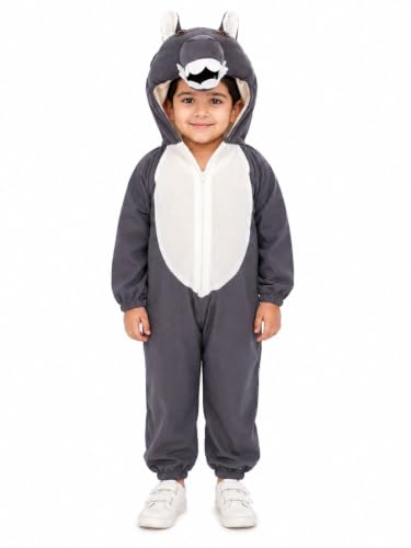 Image of BookMyCostume Grey Donkey Costume with Full Body Jumpsuit with Attached Head Hood - Cute Farm Animal Fancy Dress - School Annual Day, Jungle Theme Party, and Stage Dance Drama Costume | 4-5 Years