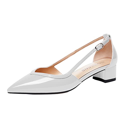 WAYDERNS Womens Pointed Toe Buckle Patent Adjustable Strap Sexy Party Chunky Low Heel Pumps Shoes 1.5 Inch