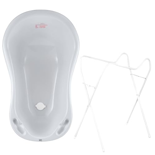 Hylat Baby Baignoire Bebe sur Pied et Bonde - Friends Gris - Certifié TÜV Rhénanie - Ergonomique et confortable pour nouveau-nés et bébés jusqu'à 12 mois - Collection Lite - Benoire pour Bébé Enfants