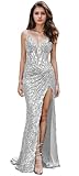 CYJJYZ Women's Mermaid Prom Dresses with Slit Long Sparkly Sequin Dress V-Neck Spaghetti Straps Formal Evening Gowns 2025 Silver US14