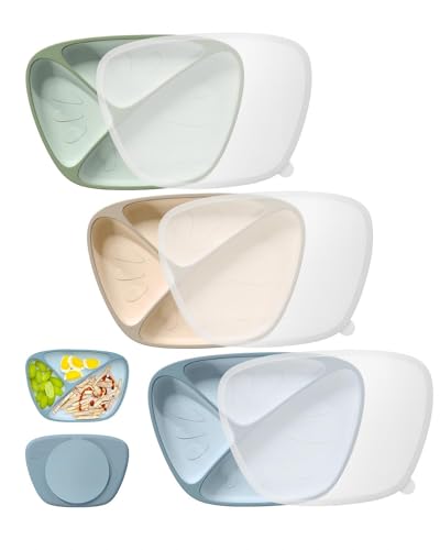 Image of BRVTOT Baby Suction Plates with Lids 3 Pack, Food Grade Silicone Divided Plates for Toddlers Dinner Plate with Cover BPA Free Toddlers Dishes for Baby Feeding, Deeper Design & Dishwasher Safe