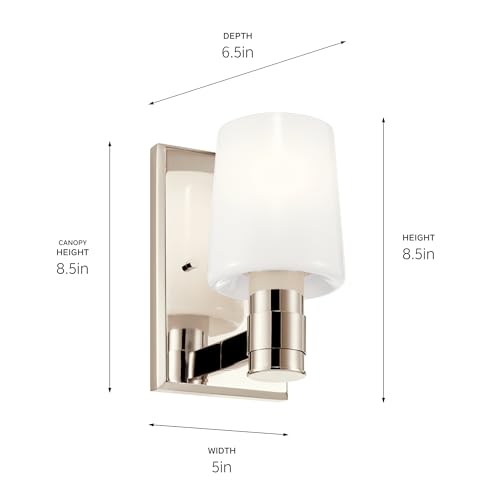 Image of Kichler Adani 1-Light Wall Sconce, Modern Light with Opal Glass in Polished Nickel, for Bathroom, Powder Room, Kitchen, Bedroom, or Hallway (8.5 inch x 5 inch), 55174PN