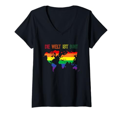 Damen Gay LGBTQ Rainbow World Regenbogen Farben Die Welt ist bunt T-Shirt mit V-Ausschnitt
