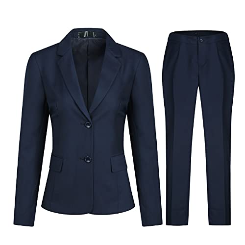 YFFUSHI Tailleur Pantalon Femme Chic Ensemble Slim Fit Veste Bureau Travail Décontracté Blazer Costumes Formelle Deux Boutons,Bleu Marine,XXL Cover