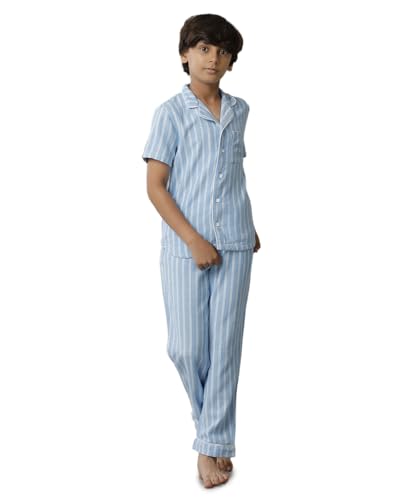 Image of Under Fourteen Only Boys Cotton Night Suit Set for Kids | Stylish Checkered Shirt and Pajama Combo | Comfortable Nightwear and Loungewear for Boys | Half Sleeves | Powder Blue (12 Years-13 Years)