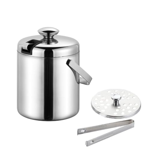 TopHomer 3 Sizes Optional Insulated Metal Double Wall Ice Bucket with Lid, Ice Tongs and Strainer Stainless Steel for Champagne Cocktail Bar Home Parties Accessories(Small-1.6L/0.42Gal)