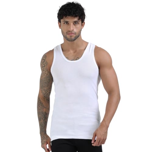 Image of Crystal Men's Super Combed Rib Cotton Round Neck Sleeveless Vest | Long Enough to Tuck in | Pack of 4
