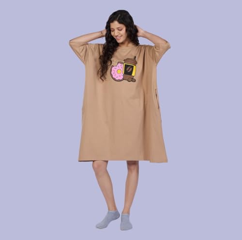 Image of LAMA STORE Women's Printed Oversized T-Shirt Dress, Cotton, 3 /4 Sleeve Length, Casual Loose Fit, Comfort Wear Extra Comfy Oversized Printed Pocket T-Shirt Dress