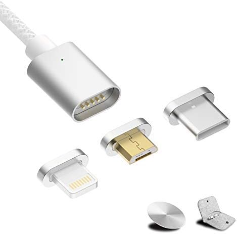 COCHING Magnetic USB Charging Cable for Micro USB, i-Products and USB Type C Adapters 3 in 1 Nylon Braided Compatible with i-Products Android Devices HUAWEI/SAMSUNG with LED Indicator 3.3ft/1m Silver